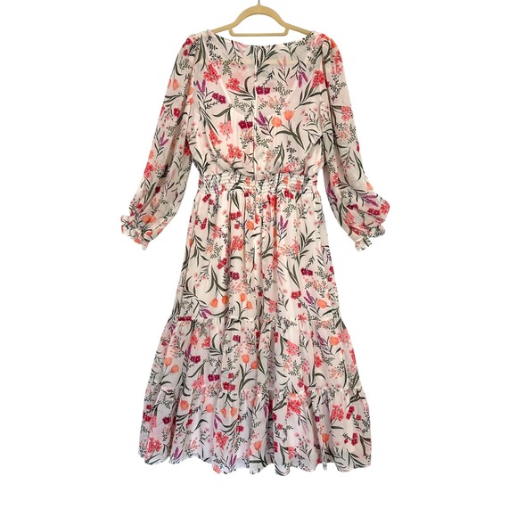 Eliza J Floral Midi Dress Long Sleeve Ruffle Tiered Chiffon Lined Size 10